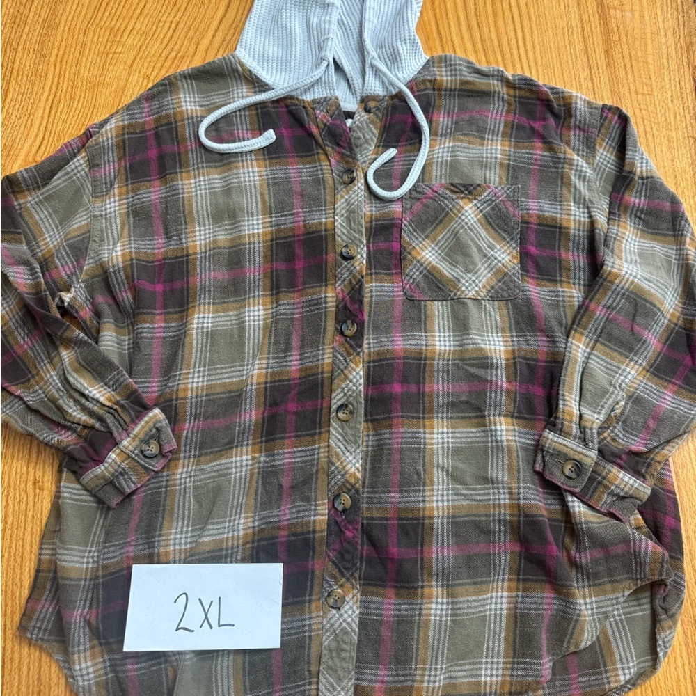 Maurices Multicolor Plaid Button Down Shirt with Hood